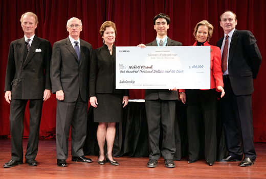 Pictured with Michael from left to right are: Peter von Siemens, Siemens AG and Siemens Foundation board member, Tom McCausland, Chairman, Siemens Foundation, Dr. Constance Atwell, lead judge, Siemens Westinghouse Competition, Bettina von Siemens, Siemens AG, Jack Bergen, President, Siemens Foundation.  Photo: Siemens Foundation